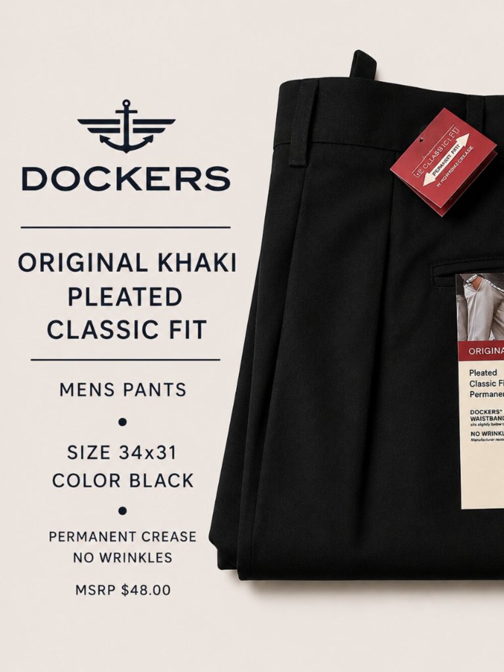 NWT Dockers Original Khaki Pleated Classic Fit Pants Men 34x31 Black